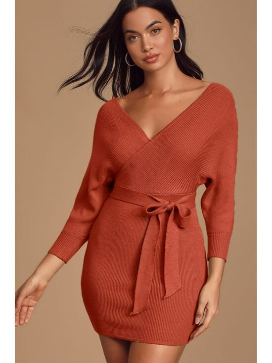 NWT Lulus Modena Rust Brown Dolman Sleeve Bodycon Sweater Dress Size Small - Picture 1 of 10